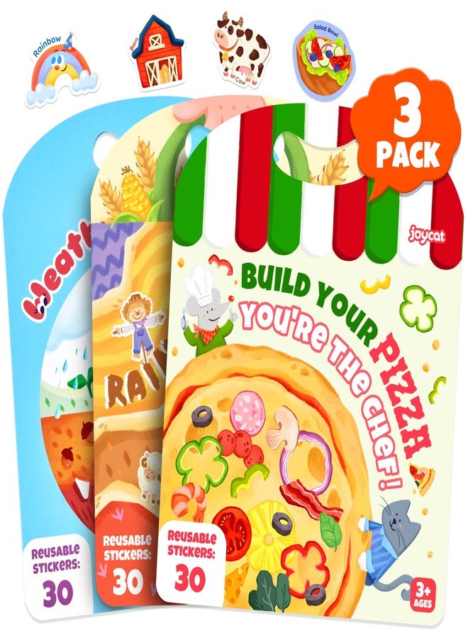 JoyCat Reusable Sticker Book Set (3-Pack): Farm, Pizza-Making, Weather - 90 Pcs Stickers for Toddlers, Kids Sticker Activity Book, Road Trip Travel Toys, Birthday Gifts for Boys and Girls - Image 1